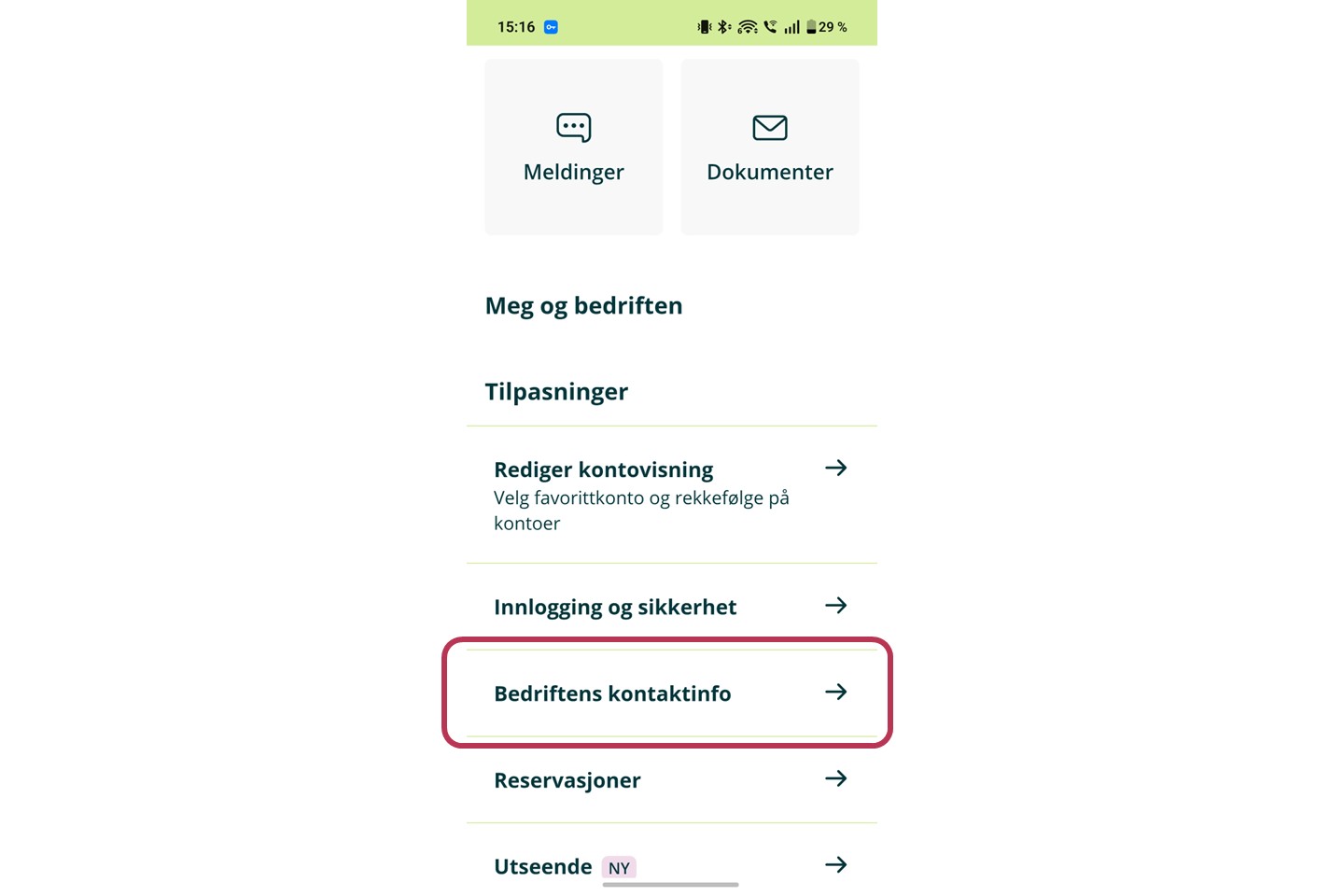 Skjermdump av hvor man oppdaterer kontaktinformasjonen i mobilbanken
